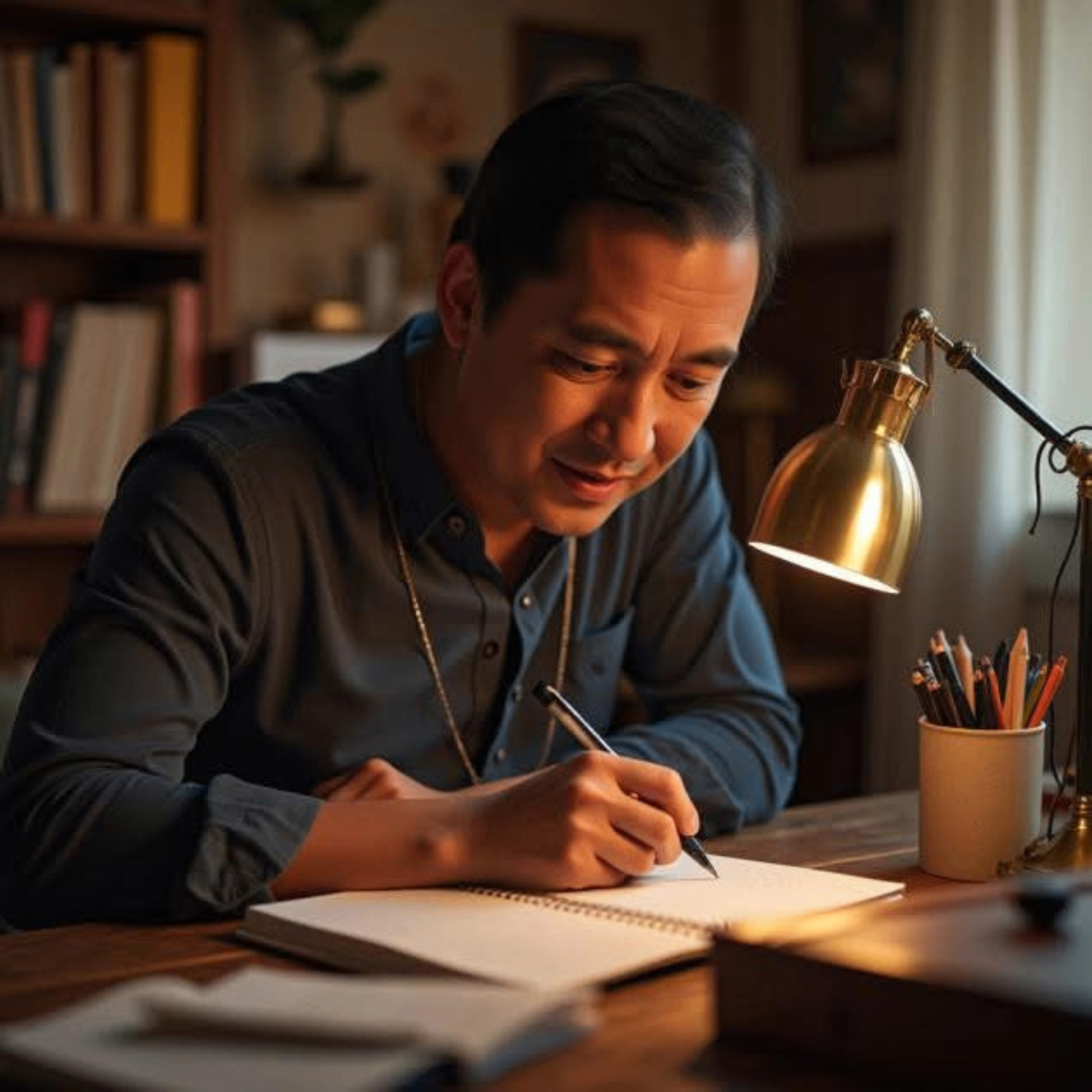 Jean Dorff writing at his desk